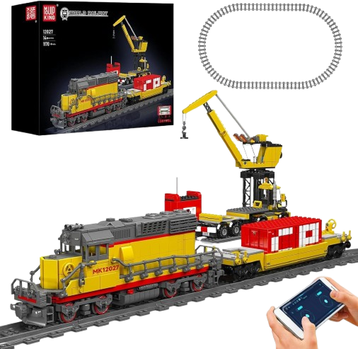 Mould King 12027 Diesel Locomotive Train Building Sets with a Semi-Trailers, Cranes, Remote App Control